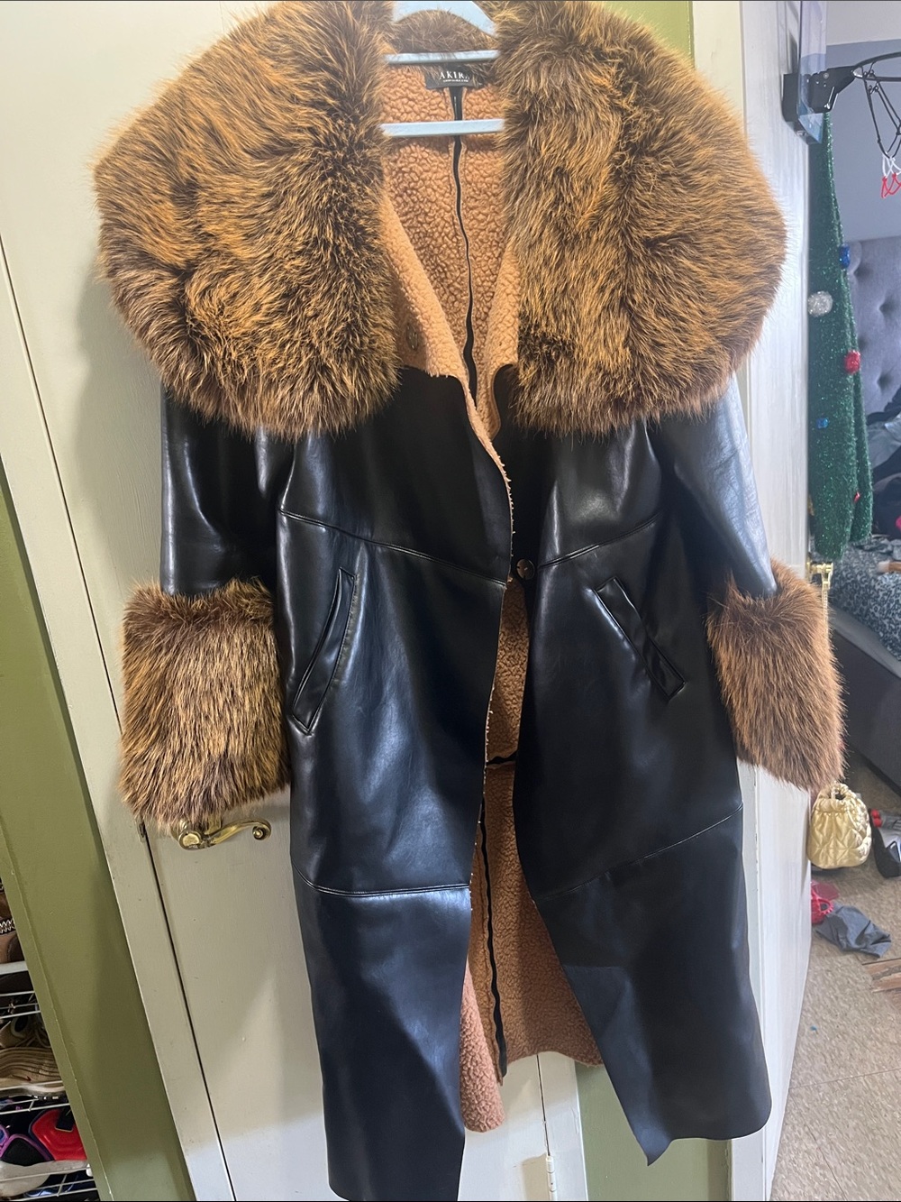 AKIRA Black Leather Trench Coat with Brown Fur Trim